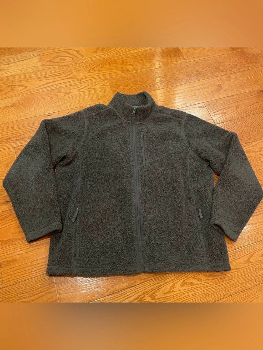 Lands’ End Men’s Sherpa Fleece Jacket Gray Full Zip Zip Pockets Outdoor Cozy L